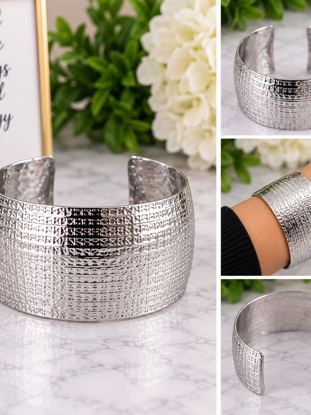 Silver-Tone Textured Wide Cuff Bracelet – NEW